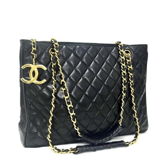 Chanel Shopping Shoulder Bag Vintage Caviar Leather Jumbo Black Lambskin Tote