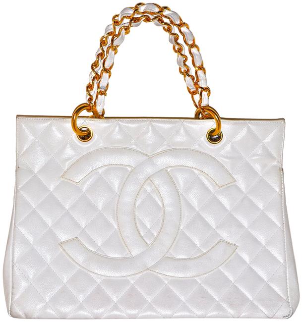 Chanel Shopping 13 Inch Gst Grand White Quilted Caviar Leather Tote