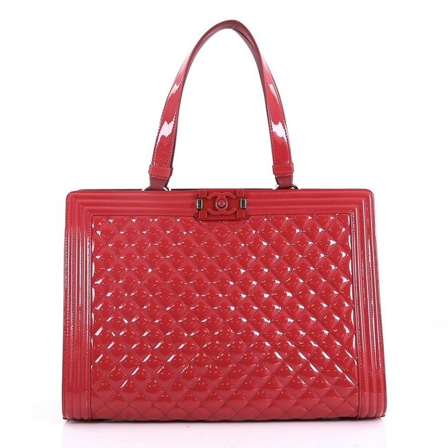 Chanel Shopping Boy Quilted Plexiglass Patent Large Red Leather Tote