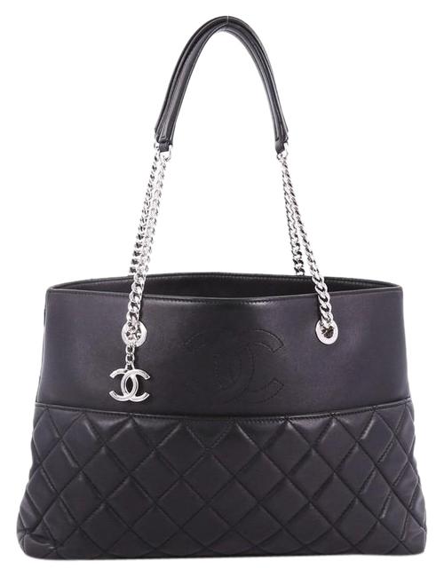 Chanel Shopping Cc Charm Open Quilted Large Black Lambskin Leather Tote