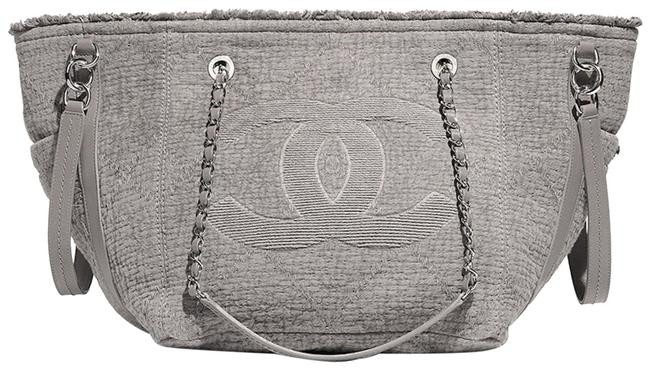 Chanel Shopping Cc Logo Quilted Convertible Gray Canvas Tote