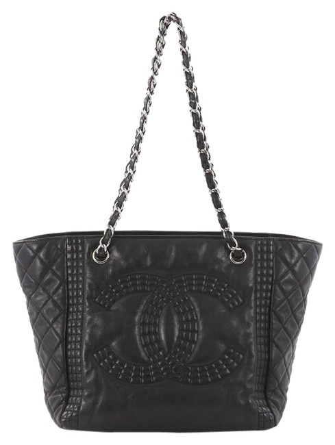 Chanel Shopping Coco Bengal Medium Black Calfskin Leather Tote