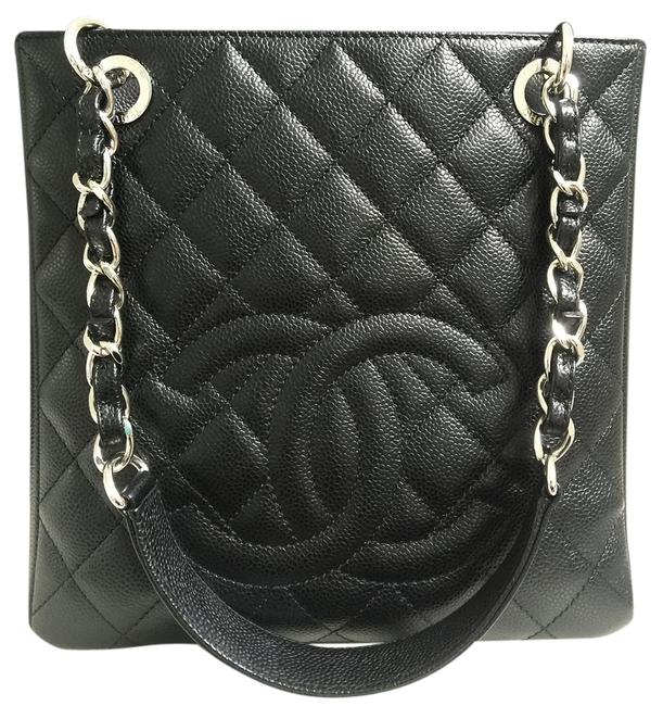 Chanel Shopping Pst Silver Hardware Black Caviar Leather Tote