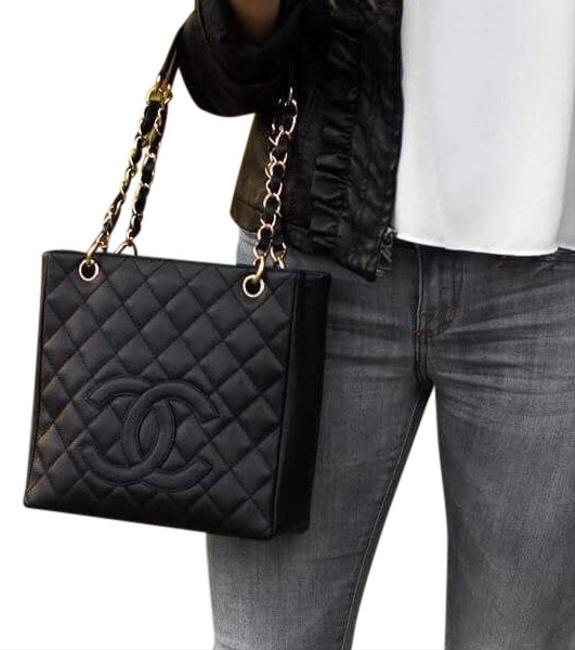 Chanel Bag Shopping Quilted Caviar Leather Petite Black Tote