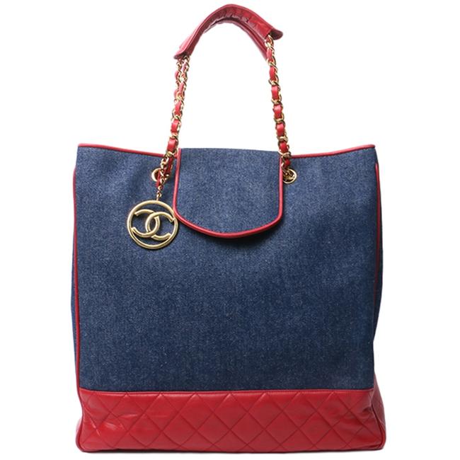 Chanel Shopping Vintage Red Navy Lamskin Leather Denim Tote