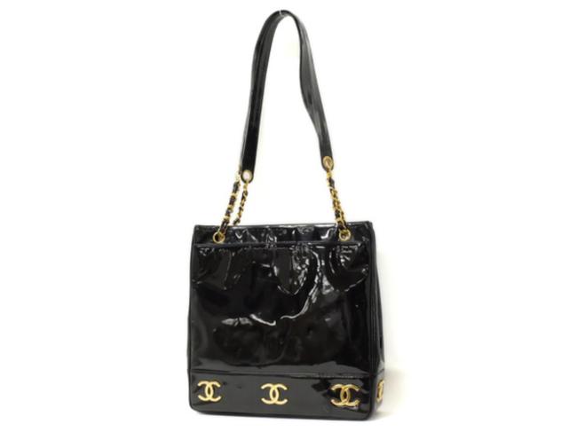 Chanel Shopping Triple Cc Logo Chain 234390 Black Patent Leather Tote