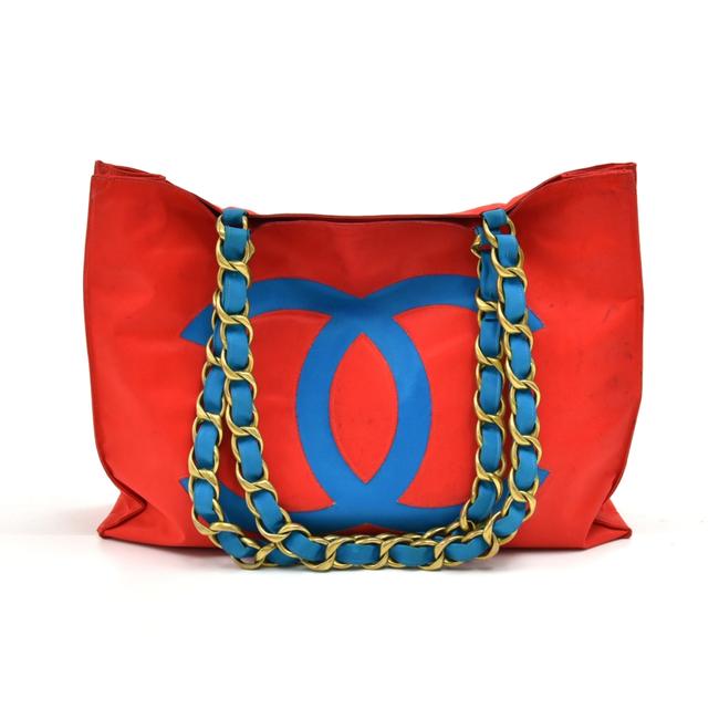 Chanel Shopping Vintage &amp; Blue Nylon Jumbo Red Canvas Tote