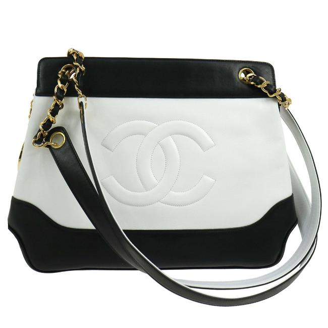 Chanel Shopping W Vintage Cc Logo Charm Hand White Black Lambskin Tote