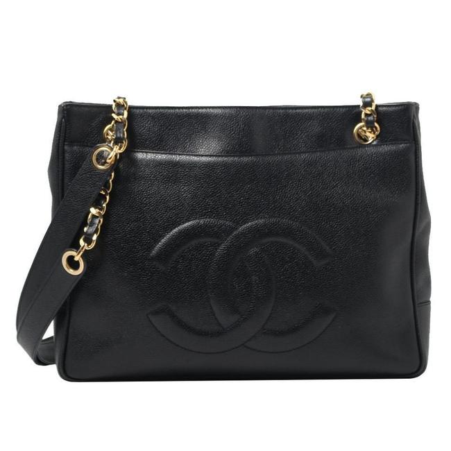 Chanel Shopping Vintage Cc Stitching Black Caviar Leather Tote