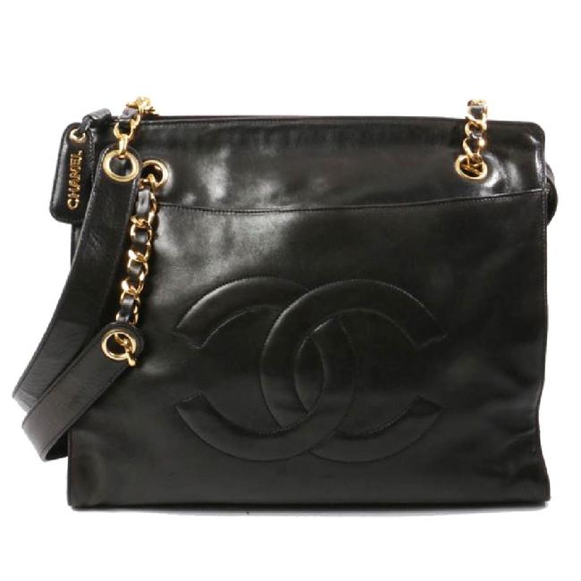 Chanel Shopping Vintage Cc Stitching Black Lamskin Leather Tote