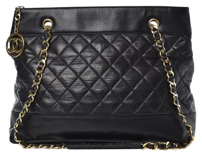 Chanel Shopping Vintage Quilted Caviar Cc Logo Black Lambskin Leather Tote