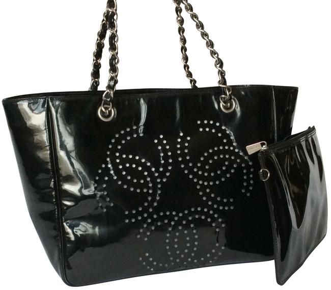 Chanel Shoulder Bag And Pouch Black Patent Leather Tote