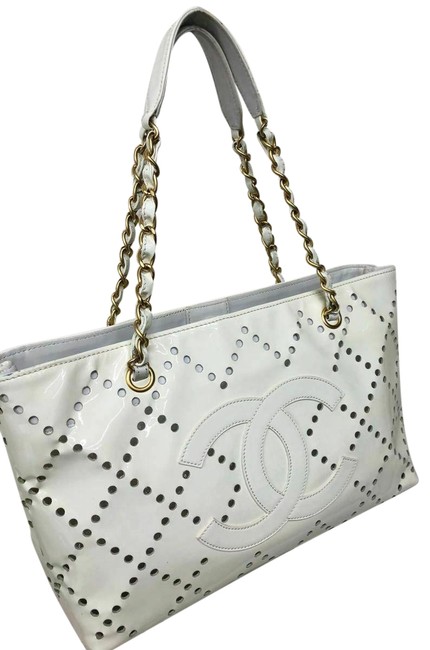 Chanel Shoulder Bag Black Logo White Patent Leather Tote