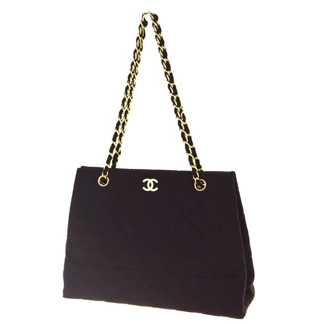 Chanel Shoulder Bag Cc Quilted Chain Jerseys Brown Canvas Leather Tote