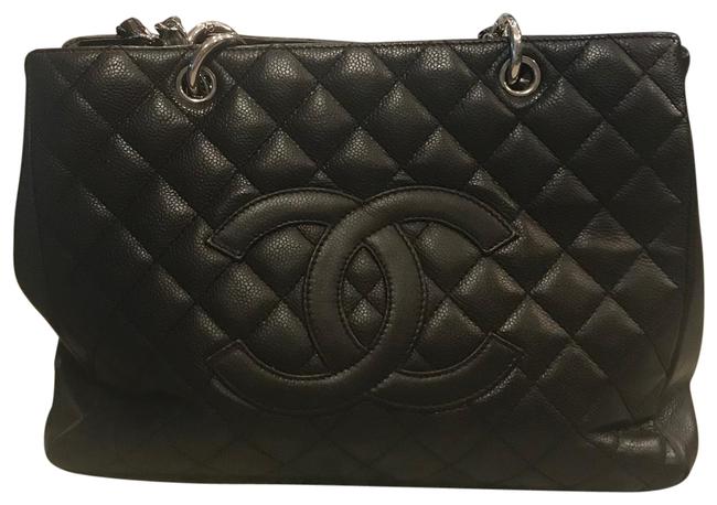 Chanel Shopping Shoulder Bag Large Dark Brown But Looks Black Leather Tote