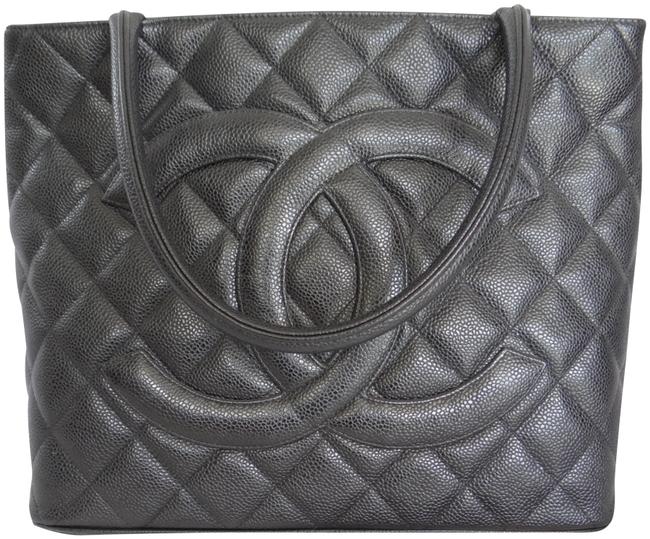 Chanel Shoulder Bag Silver Medallion Black Quilted Caviar Leather Tote