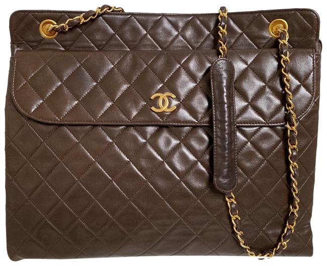 Chanel Shoulder Bag Vintage Lambskin Quilted Large Brown Tote