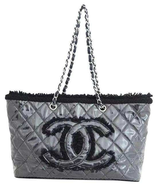 Chanel Shoulder Bag Black Silver Nylon Patent Fur Tote