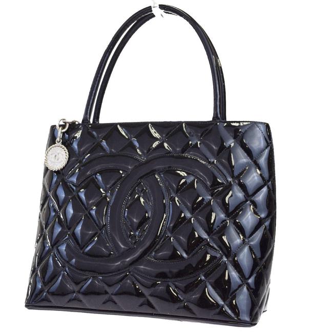 Chanel Silver Mediallion Black Patent Leather Tote