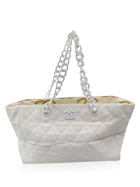 Chanel Strap White Raffia Canvas Tote