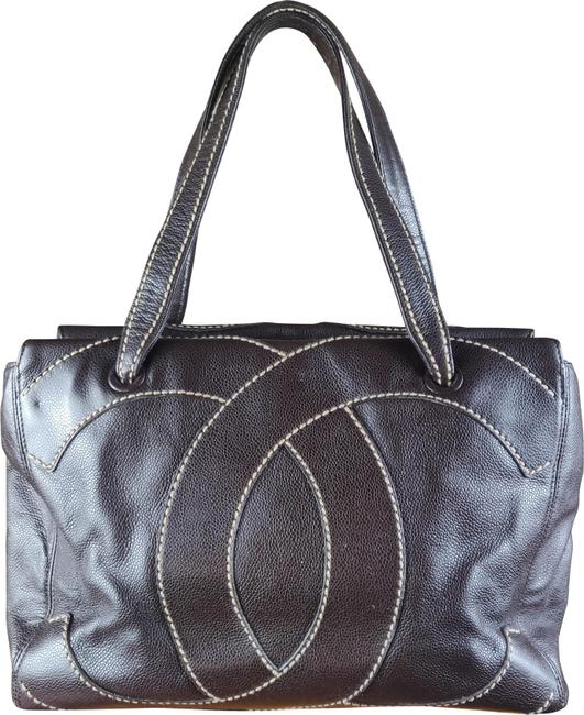 Chanel Surpique Chocolate Dark Brown Caviar Medium Leather Tote