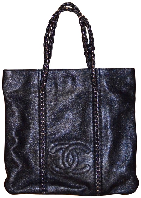 Chanel Textured Logo Chain Handbag Black Leather Tote