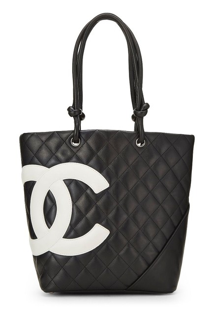 Chanel Timeless Cambon Quilted Small White Black Calfskin Leather Tote