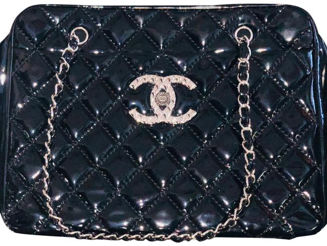 Chanel Timeless Diamond Quilted Double Chain Black Patent Leather Tote