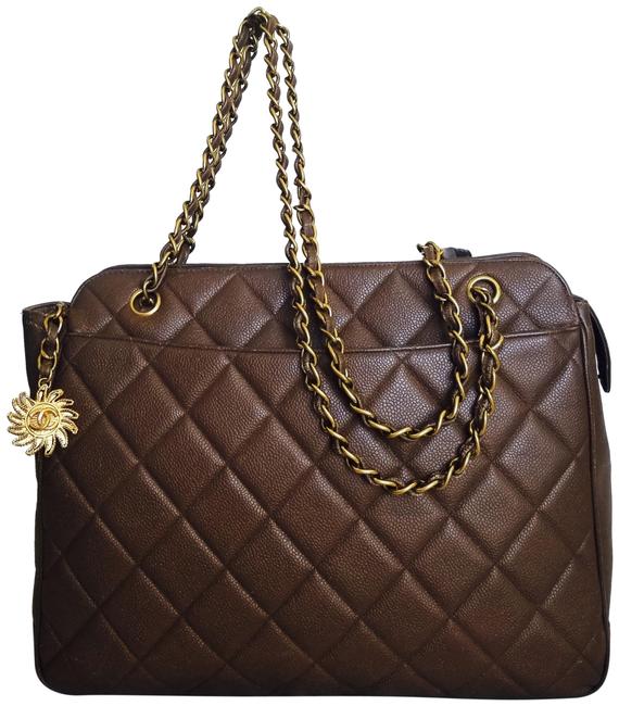 Chanel Timeless Large Quilted Gold Chain Brown Leather Tote
