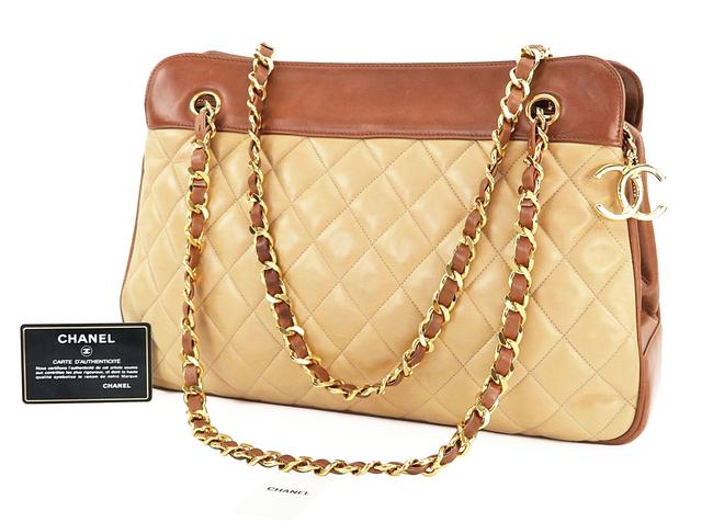 Chanel Timeless Shoulder Bag Leather Gold Chain Beige Lambskin Tote