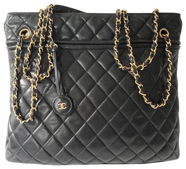 Chanel Timeless Quilted Gold Black Lambskin Leather Tote