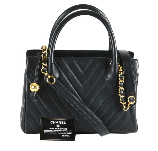 Chanel Timeless Stitch Chevron Cc Logo Dark Green Lambskin Leather Tote
