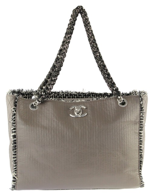 Chanel Tweed Fringed Taupe Leather Tote