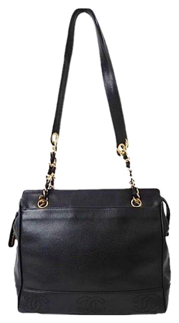 Chanel Vintage Caviar Skin Triple C Chain Mini Shoulder Black Leather Tote