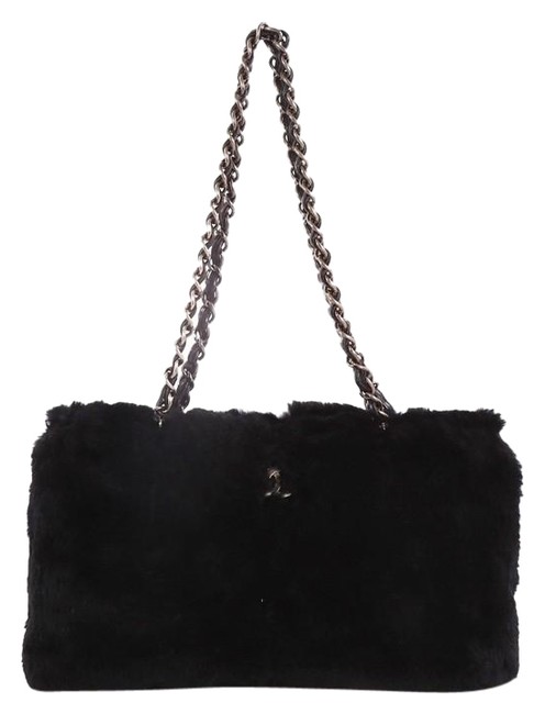 Chanel Vintage Cc Chain Medium Black Fur Tote