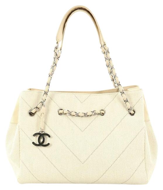 Chanel Vintage Cc Charm Chevron Large Off White Canvas Tote