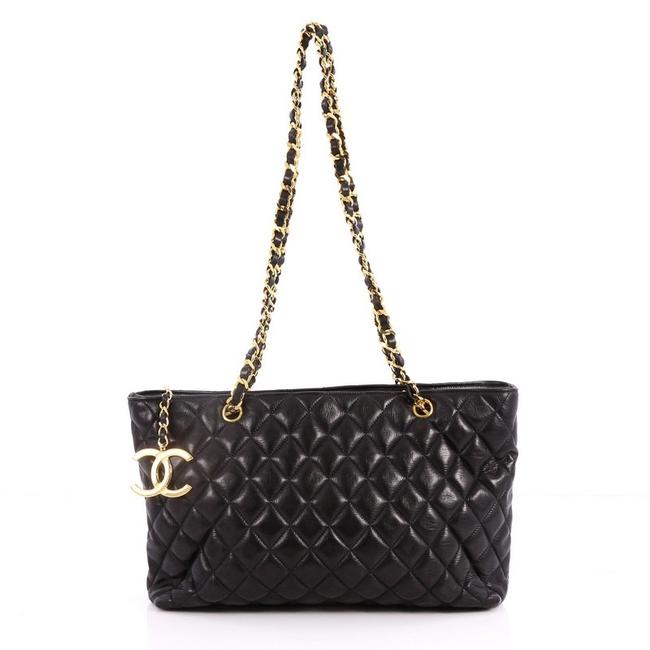 Chanel Vintage Cc Charm Quilted Large Black Lambskin Leather Tote