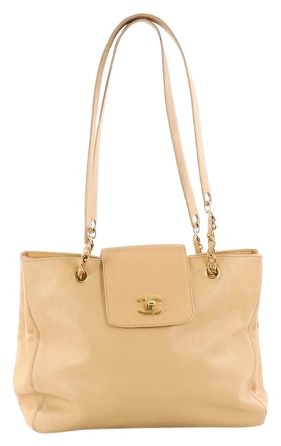 Chanel Vintage Cc Lock Flap Caviar Medium Beige Leather Tote