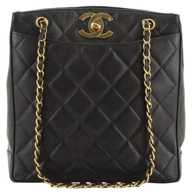 Chanel Vintage Cc Lock Pocket Chain Quilted Caviar Large Black Leather Tote