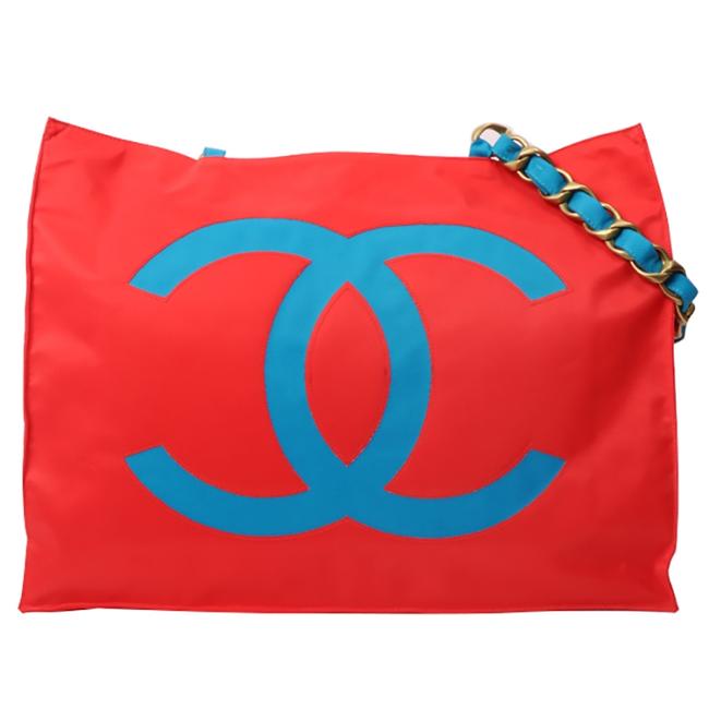 Chanel Vintage Chain Jumbo Cc Black Red Canvas Tote