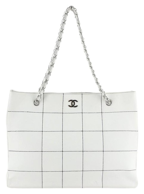 Chanel Vintage Chocolate Quilted Lambskin Large White Leather Tote