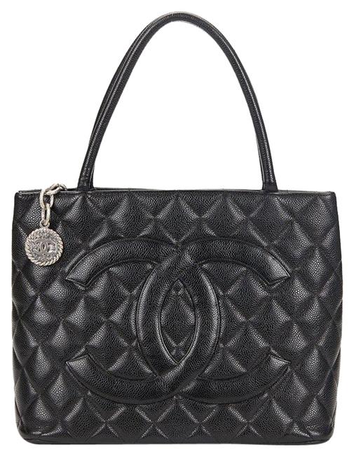 Chanel Vintage Quilted Medallion Black Lambskin Leather Tote