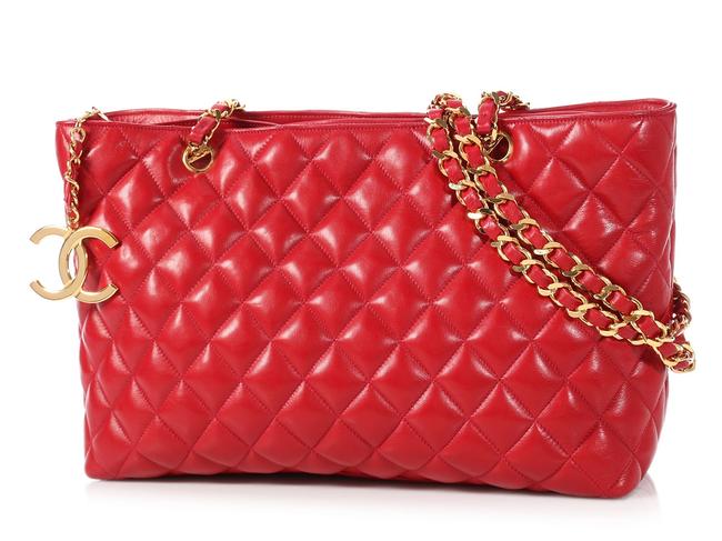 Chanel Vintage Quilted Red Lambskin Leather Tote