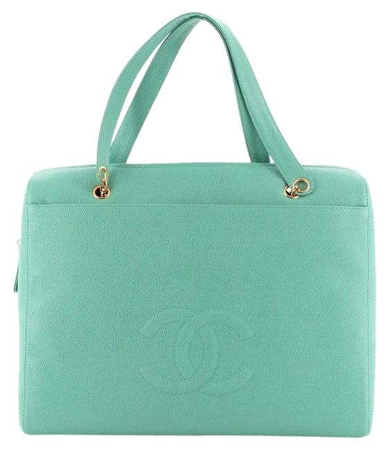 Chanel Vintage Timeless Zip Caviar Large Green Leather Tote