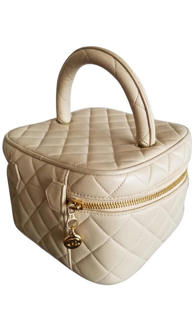 Chanel Vintage Vanity BagCase Beige Lambskin Leather Tote