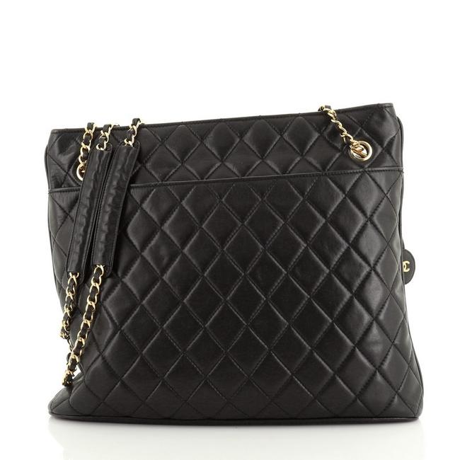 Chanel Vintage Zipped Chain Quilted Large Black Leather Tote