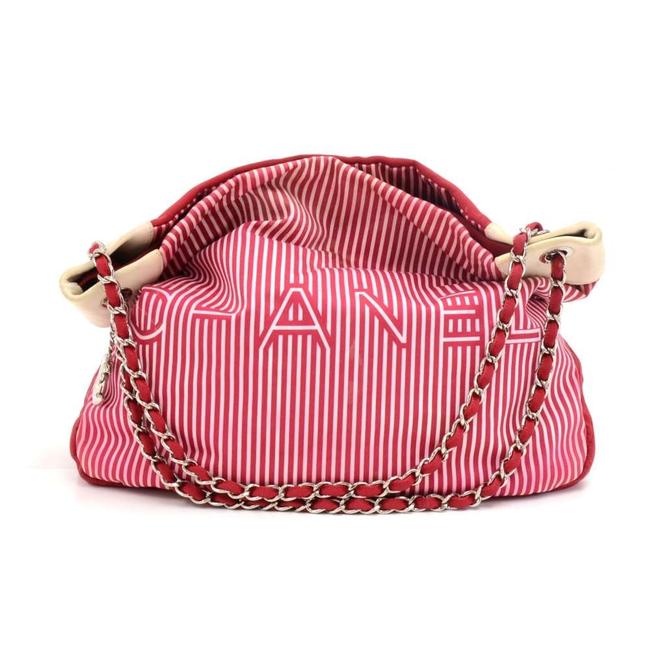 Chanel Bag Way Striped White Leather Bag limited Ed Red Cotton Tote