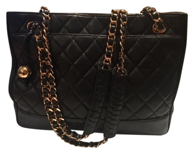 Chanel W WGold Chains and Cc Ball Charm Vintage Black Lambskin Leather Tote