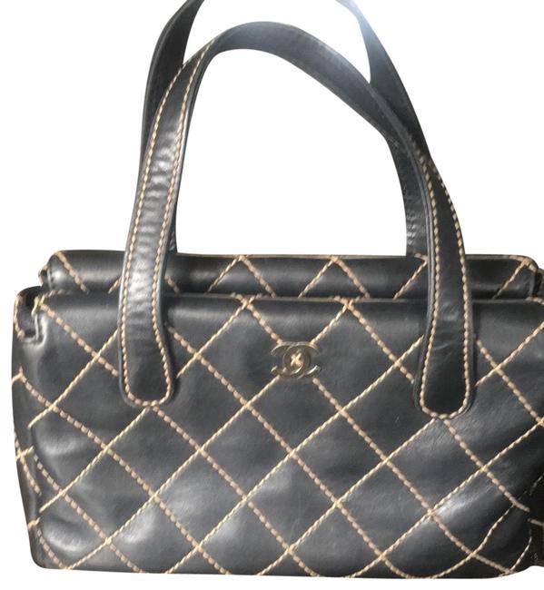Chanel With Topstitch Black W Tan Contrast Stitching Leather Tote