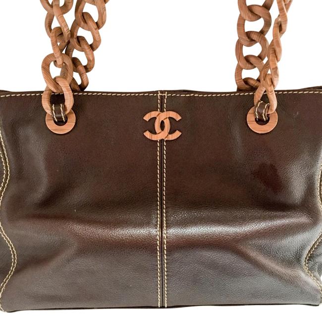 Chanel Wood Link Chain Handle Small Worn Infreque Brown Leather Tote